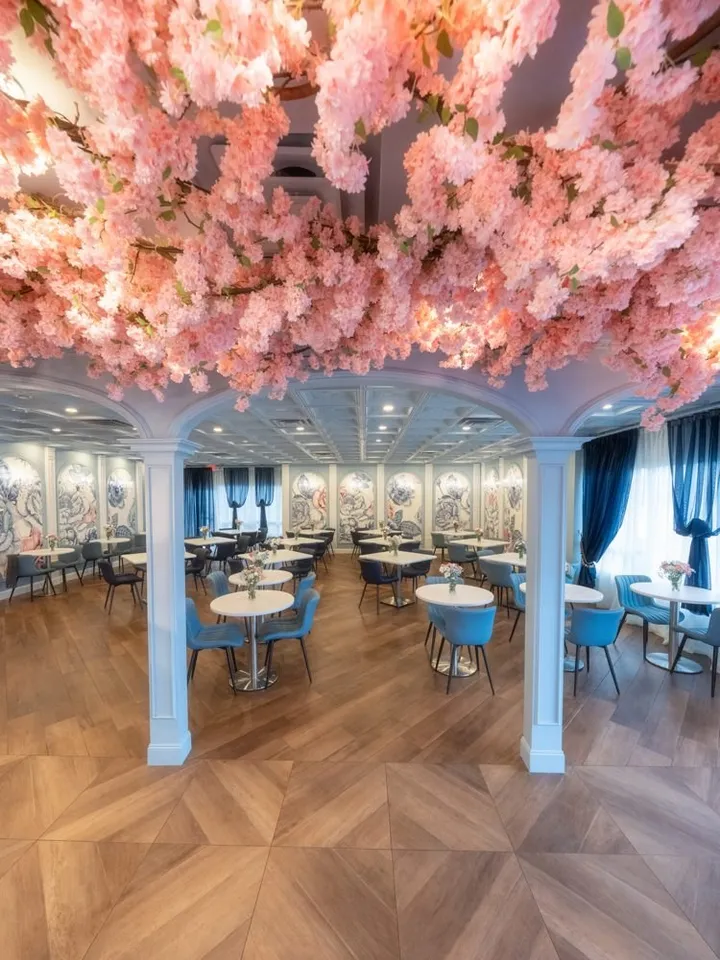 Lakewood dining room under a cherry-blossom ceiling