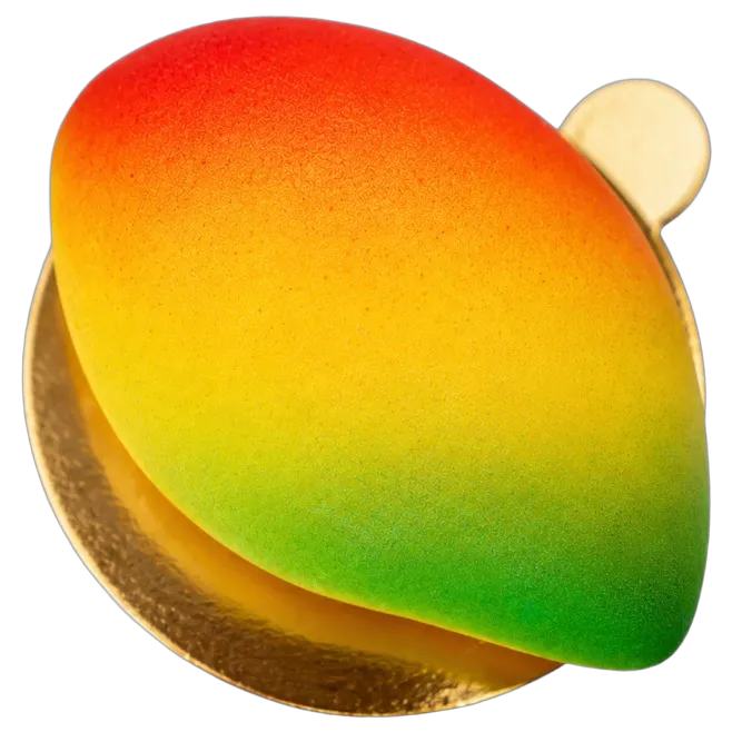 Mango-shaped mousse cake on a gold board